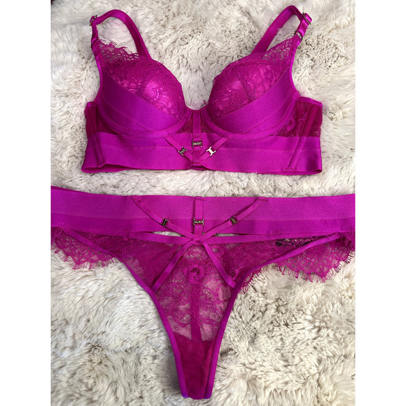 Honey Birdette BELINDA🩷 Hot Pink Lace 2 Piece Set 32B Bra & M Thong - Picture 2 of 9